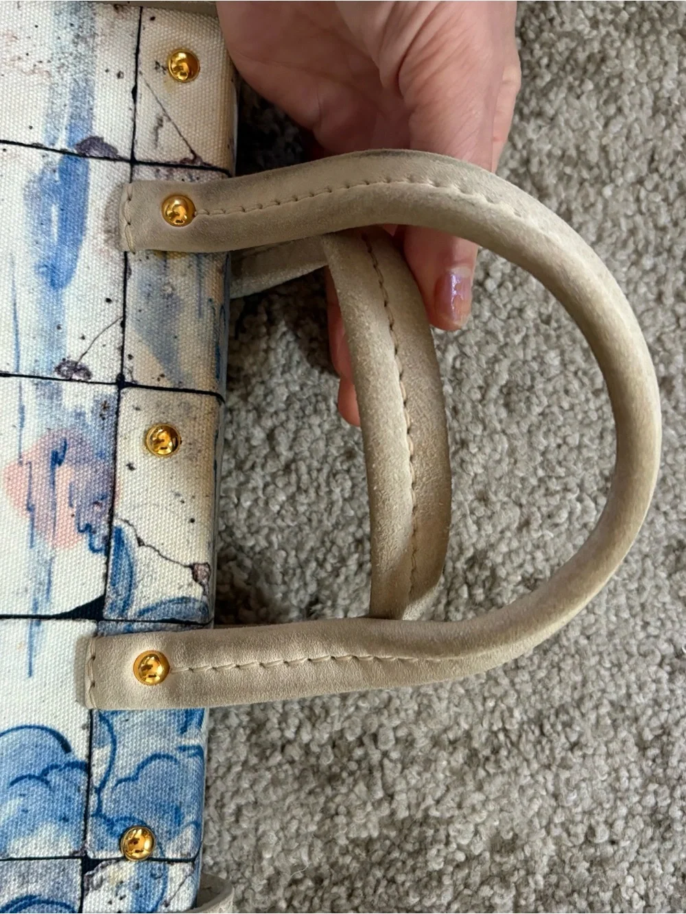 Prada Blue and White Scenic Satchel with Cream Handles